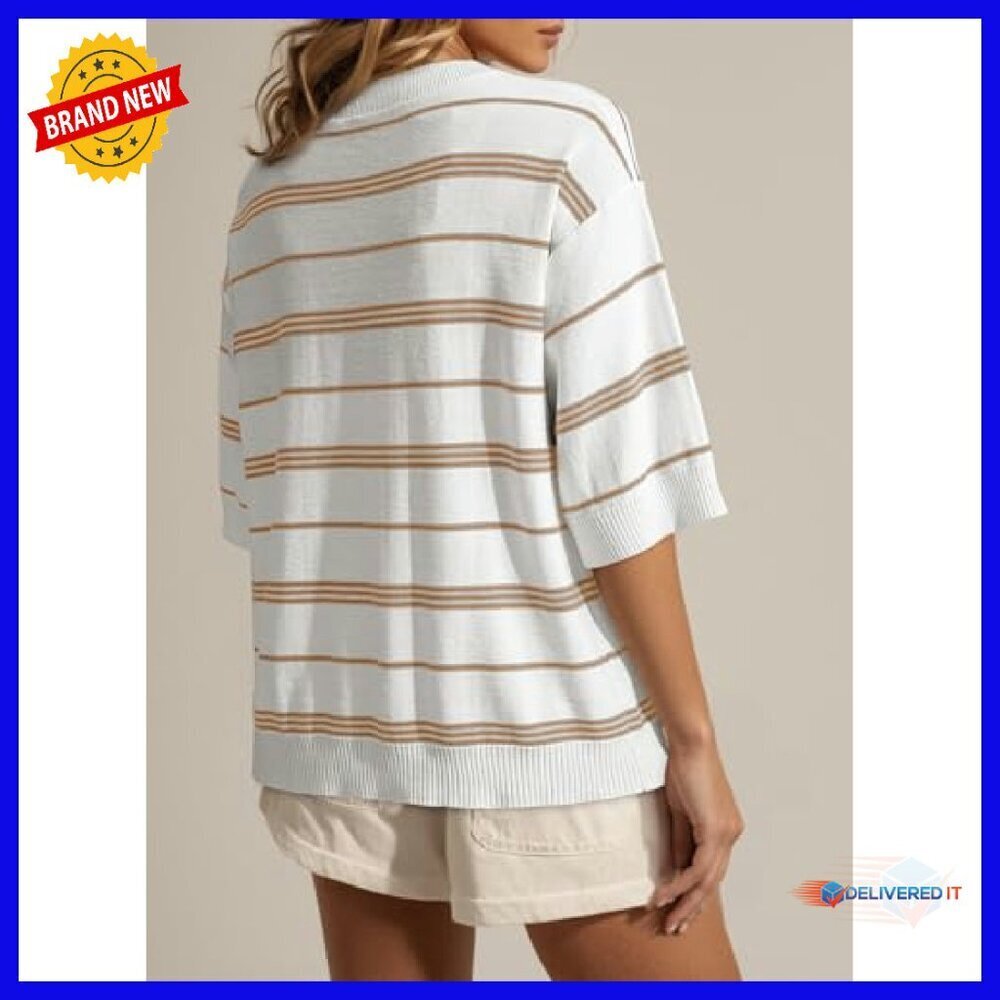 Oversized 3/4 Sleeve Striped Crewneck Lightweight Knit Pullover Sweater - Picture 3 of 8